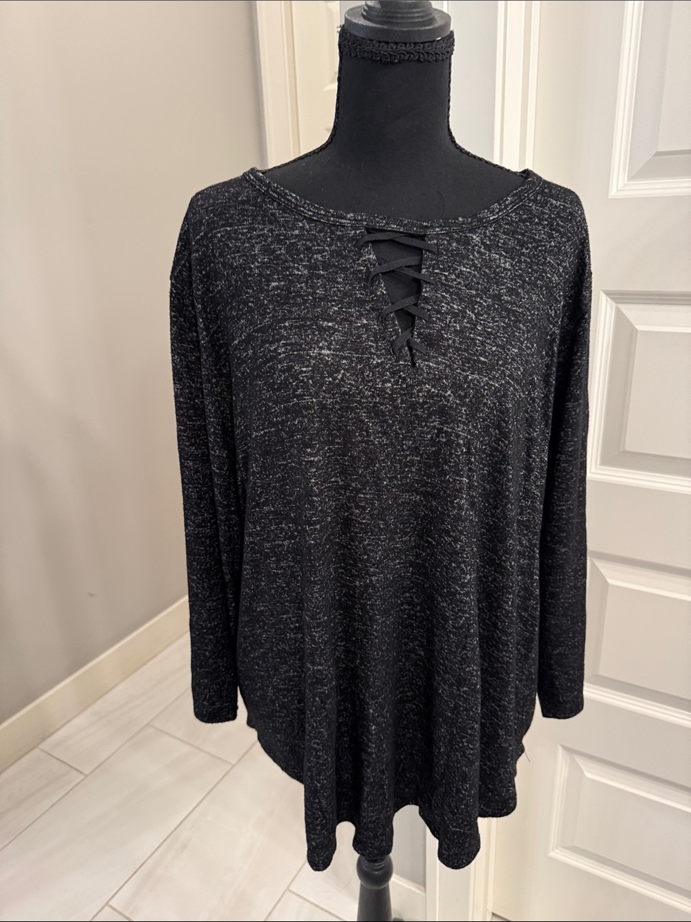 bobeau Black Knit Top with Lace Up Detail